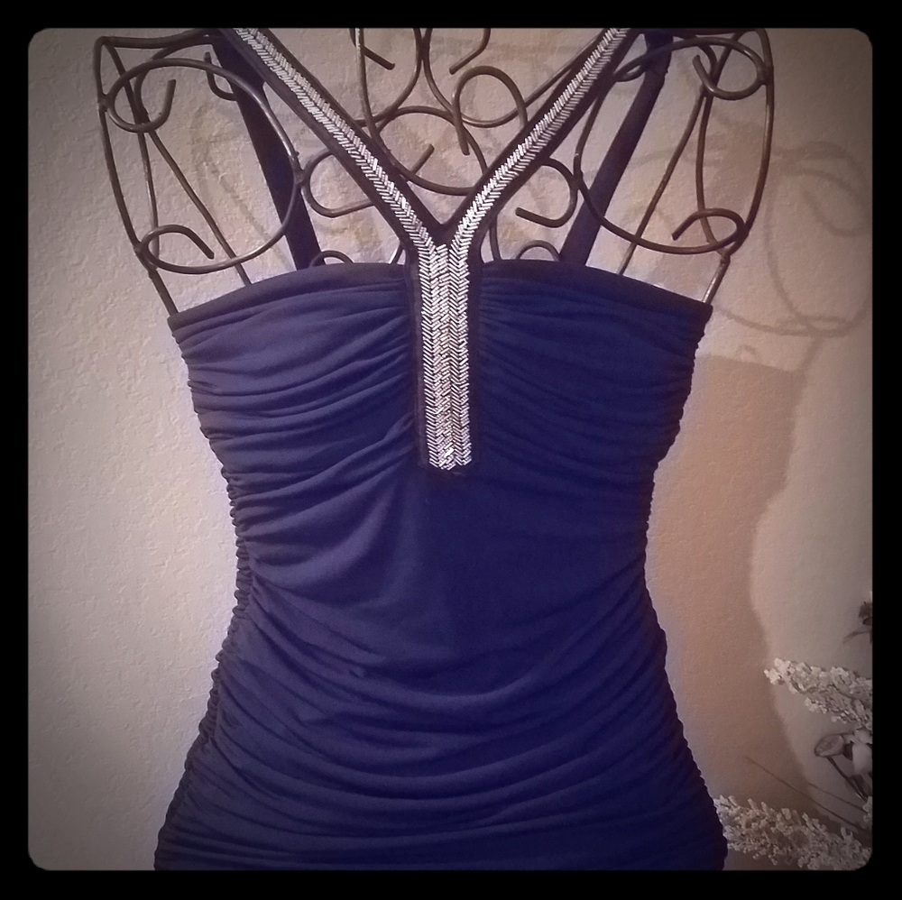Formal navy dress with amazing sequin neckline